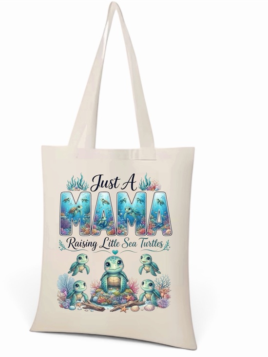 PINKIE7775 Handbags - Cream Tote Bag with Blue & Aqua 'Just A Mama' Sea Turtle Print